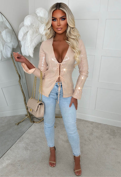 All Over Glitz Beige Sequin Double Tie Top