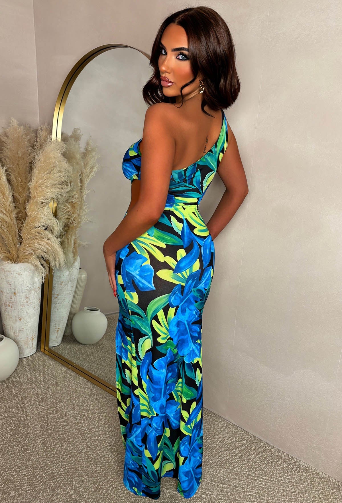 Aloha Affair Multi Leaf Print Side Cutout One Shoulder Dress