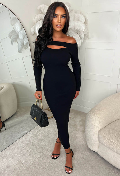 Always Alluring Black Long Sleeve Rib Cut Out Front Dress