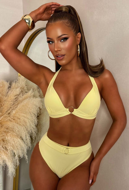 Amalfi Butter Yellow Halter Neck Gold Ring Bikini