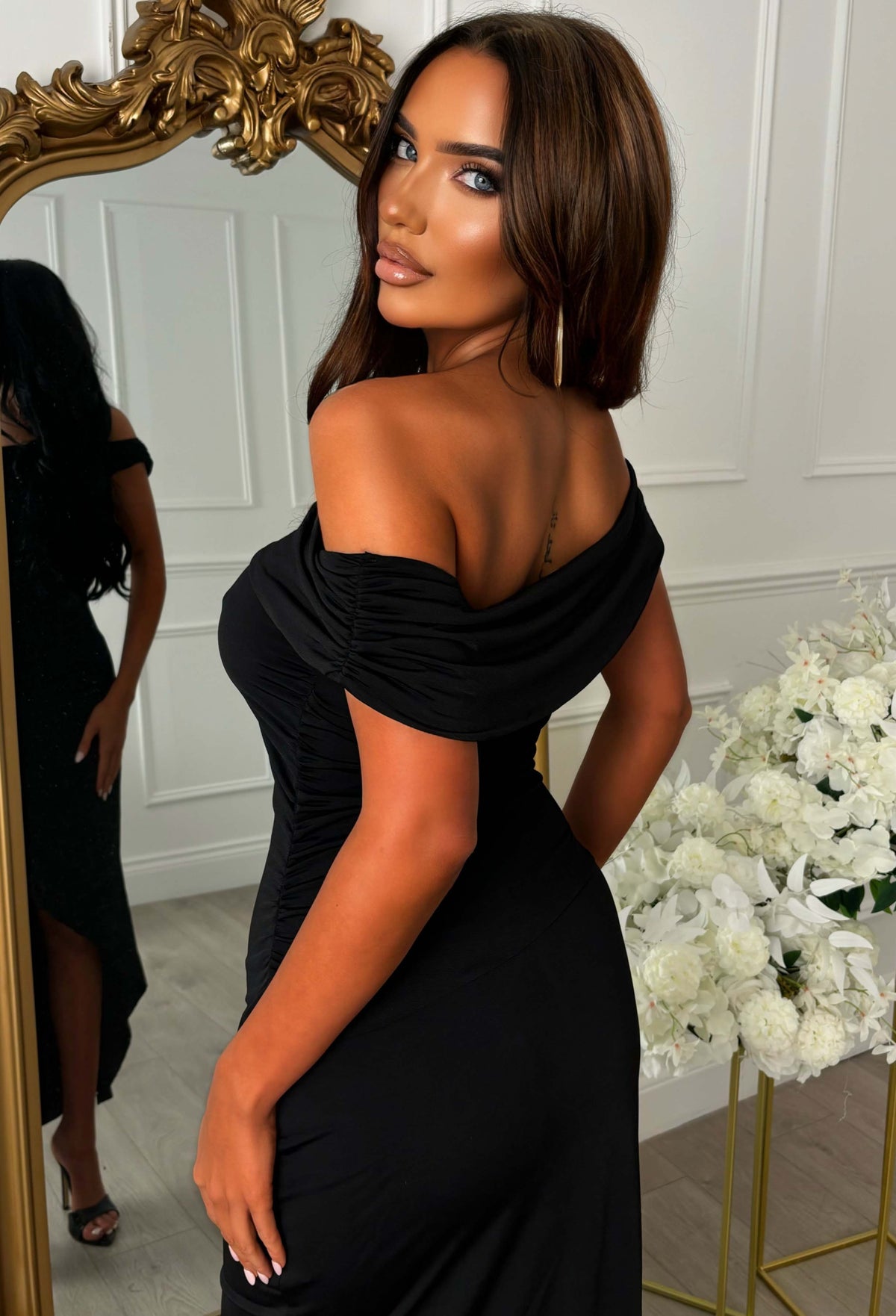 Aurora Allure Black Off Shoulder Split Front Midaxi Dress