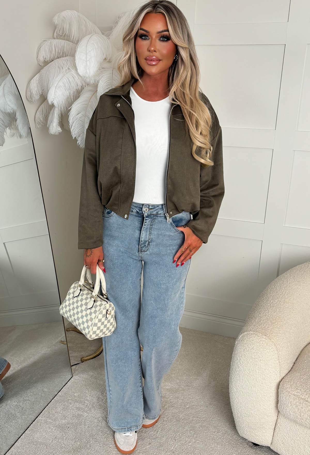 Autumn Crush Khaki Faux Suede Bomber Jacket