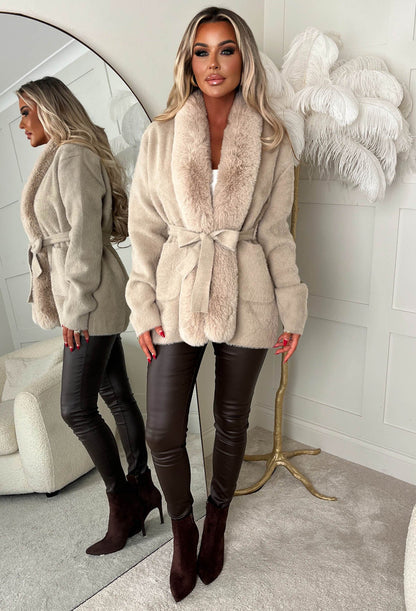 Autumn Escape Mocha Mid Length Faux Fur Belted Cardigan