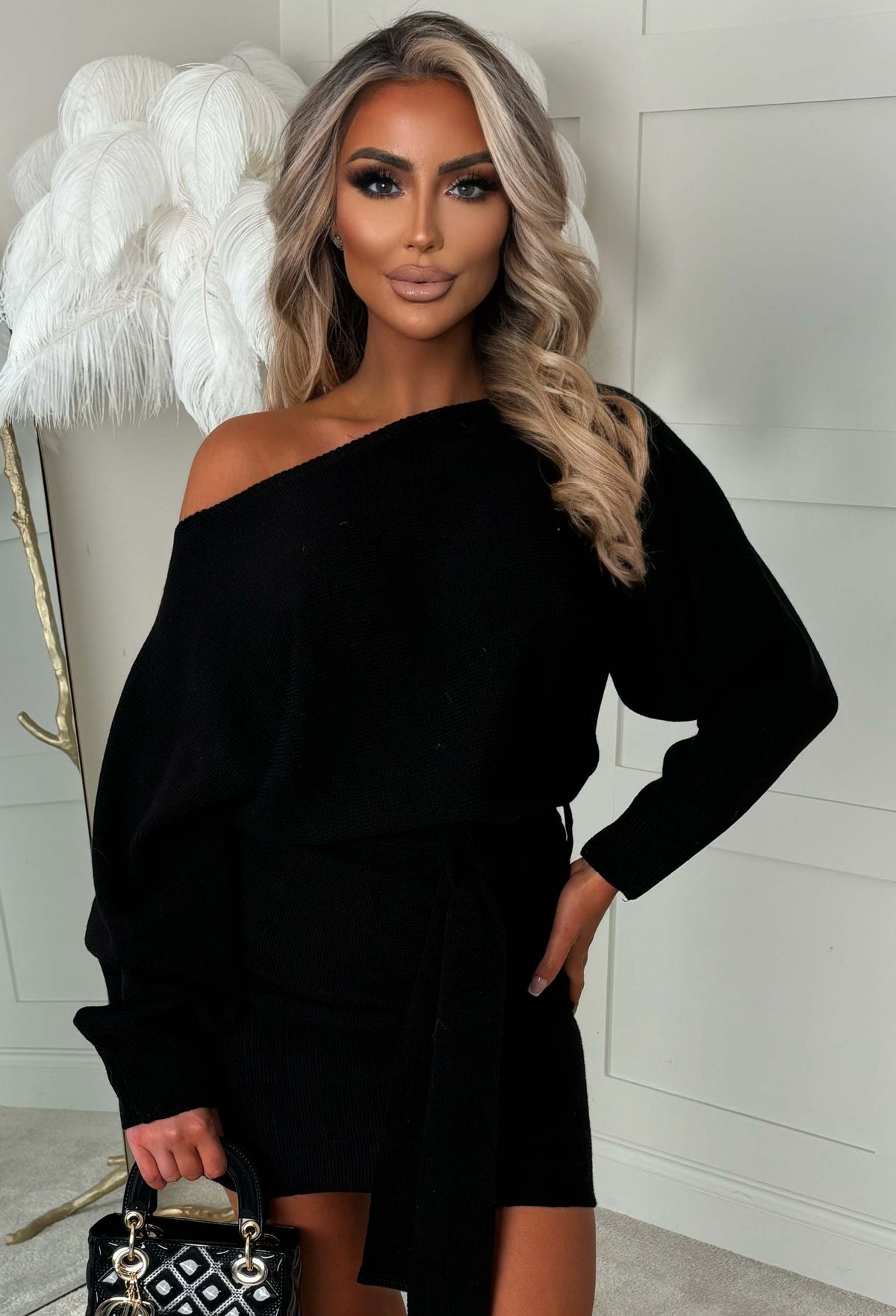Barely There Black Ultra Soft Off The Shoulder Belted Knitted Mini Dress