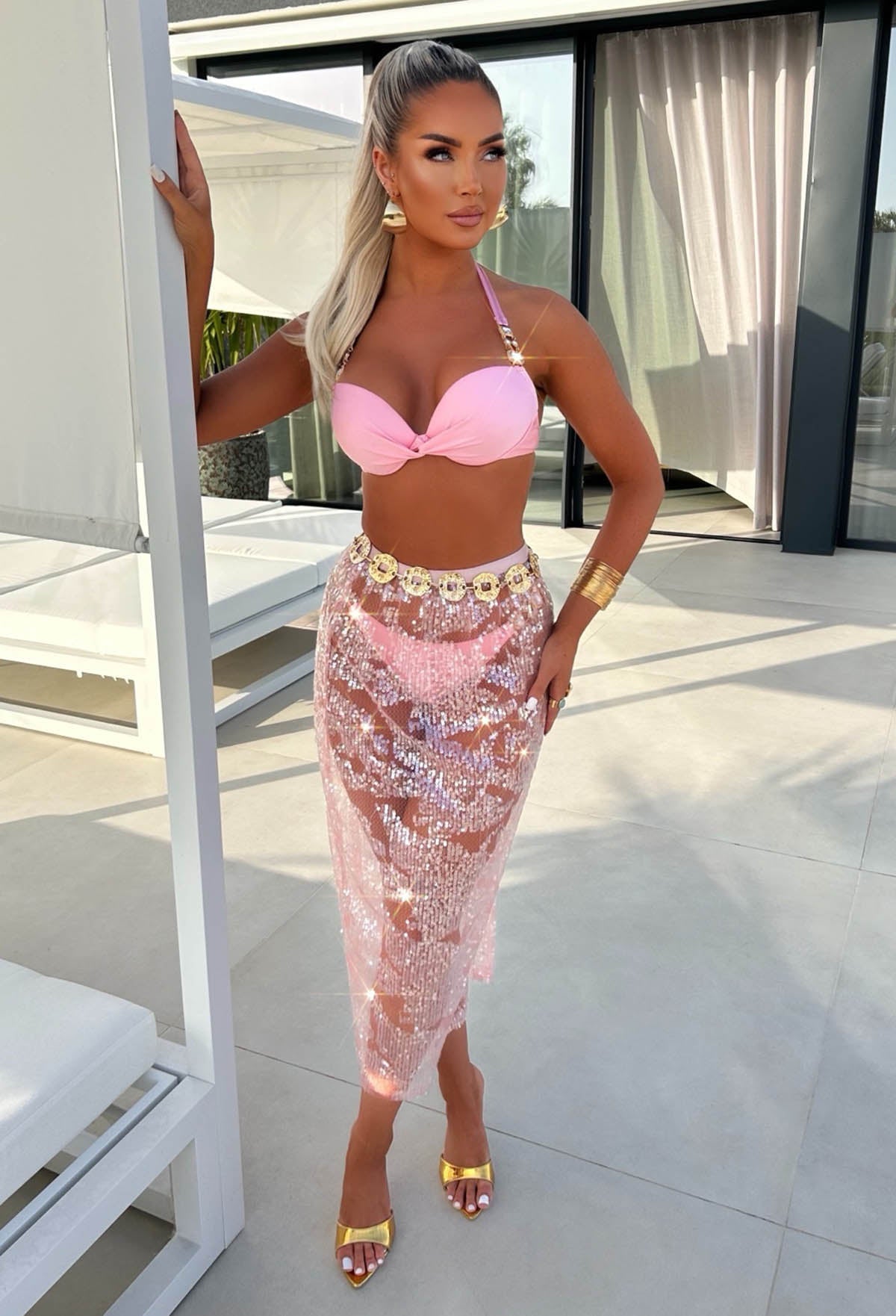 Beyond Limits Pink Sheer Sequin Midi Skirt