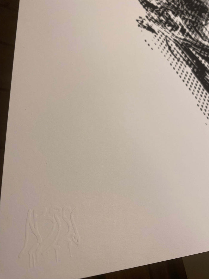Embossed detail on 'Beyond the Sea' GL1TCH Serigraph print showcasing unique graphic design.