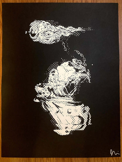 Beyond the Sea GL1TCH Serigraph in white ink on black paper, showcasing modern graphic designs and unique streetwear aesthetics.