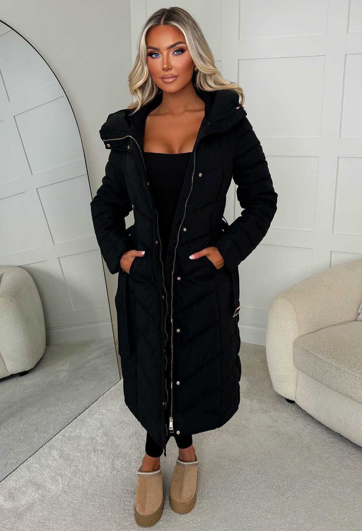 Black Orchid Black Chevron Belted Puffer Coat