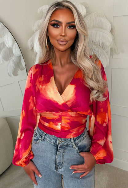 Briella Pink V-Neck Ruched Blouse