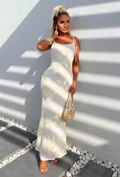 Champagne & Sunsets Cream Ribbon Flower Maxi Dress