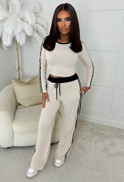Chic And Cosy Stone Black Side Stripe Loungewear Set