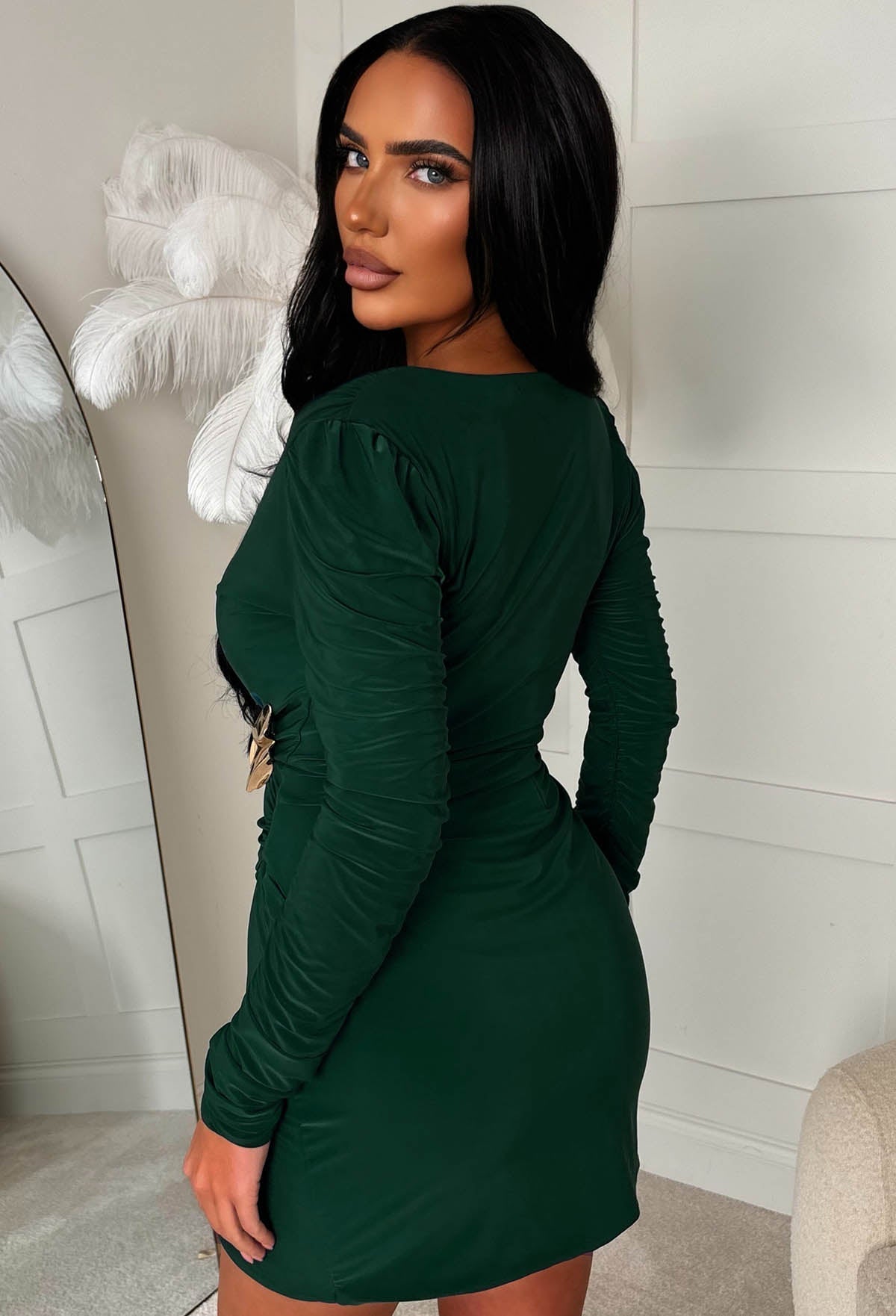 City Girl Green Gold Button Wrap Front Mini Dress
