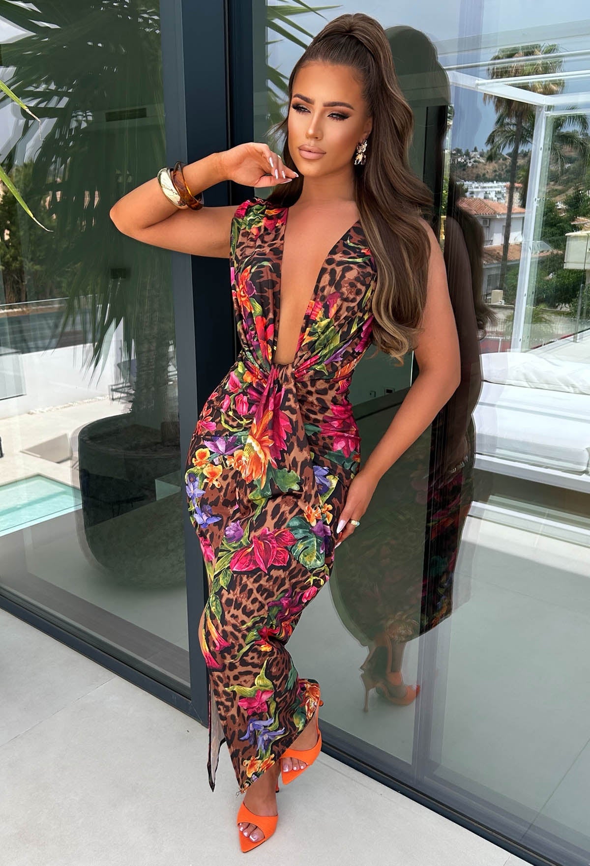 Cocktail Hour Multi Tropical Leopard Sleeveless Plunge Ruched Midi Dress