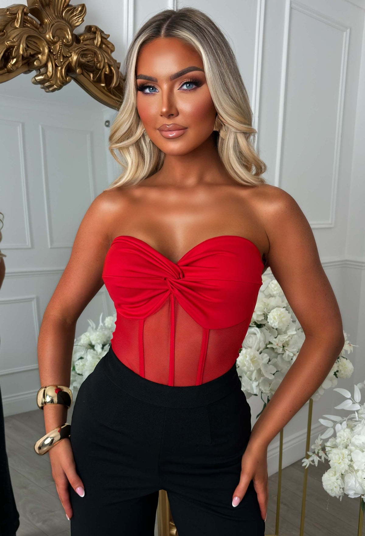 Contour Chic Red Jersey Mesh Bodysuit