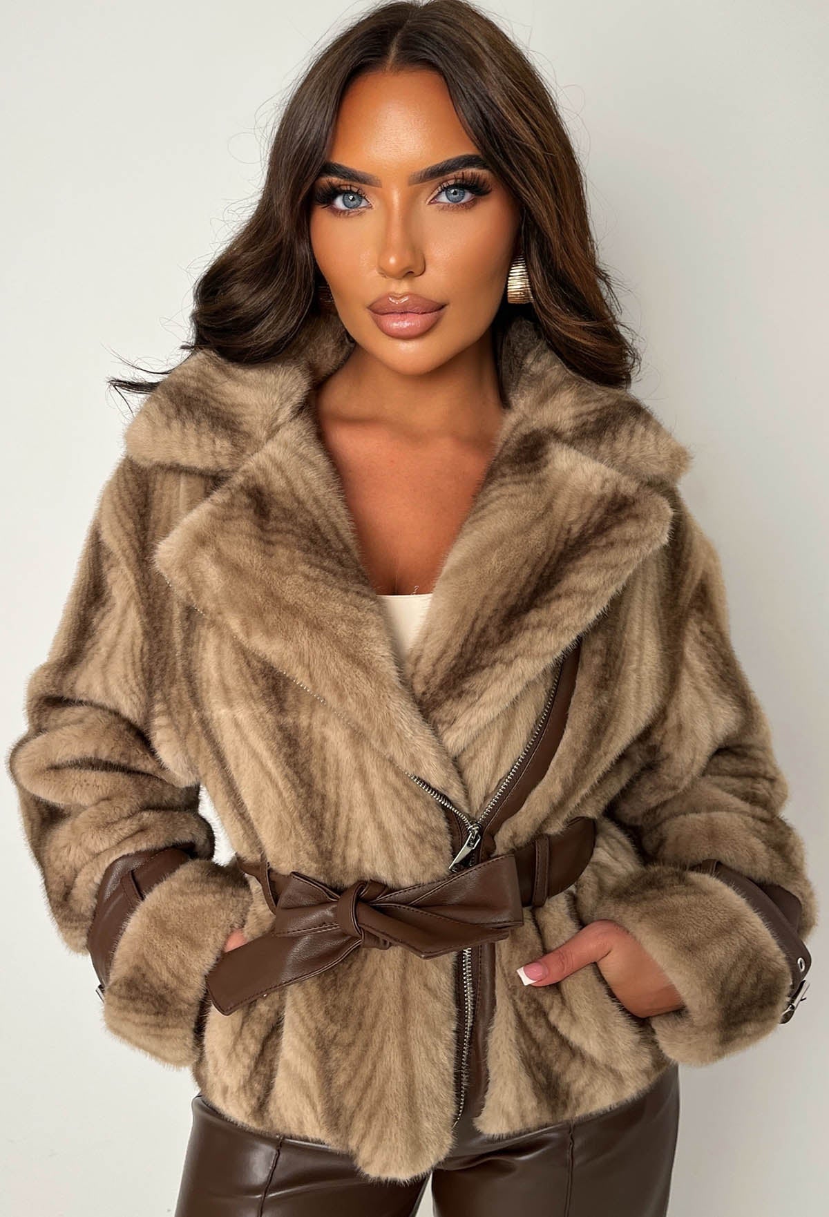 Cosy Crush Mocha Faux Fur Belted Coat