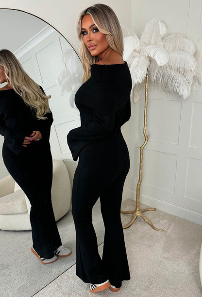 Cosy In The City Black Bardot Knit Top & Flare Trouser Set