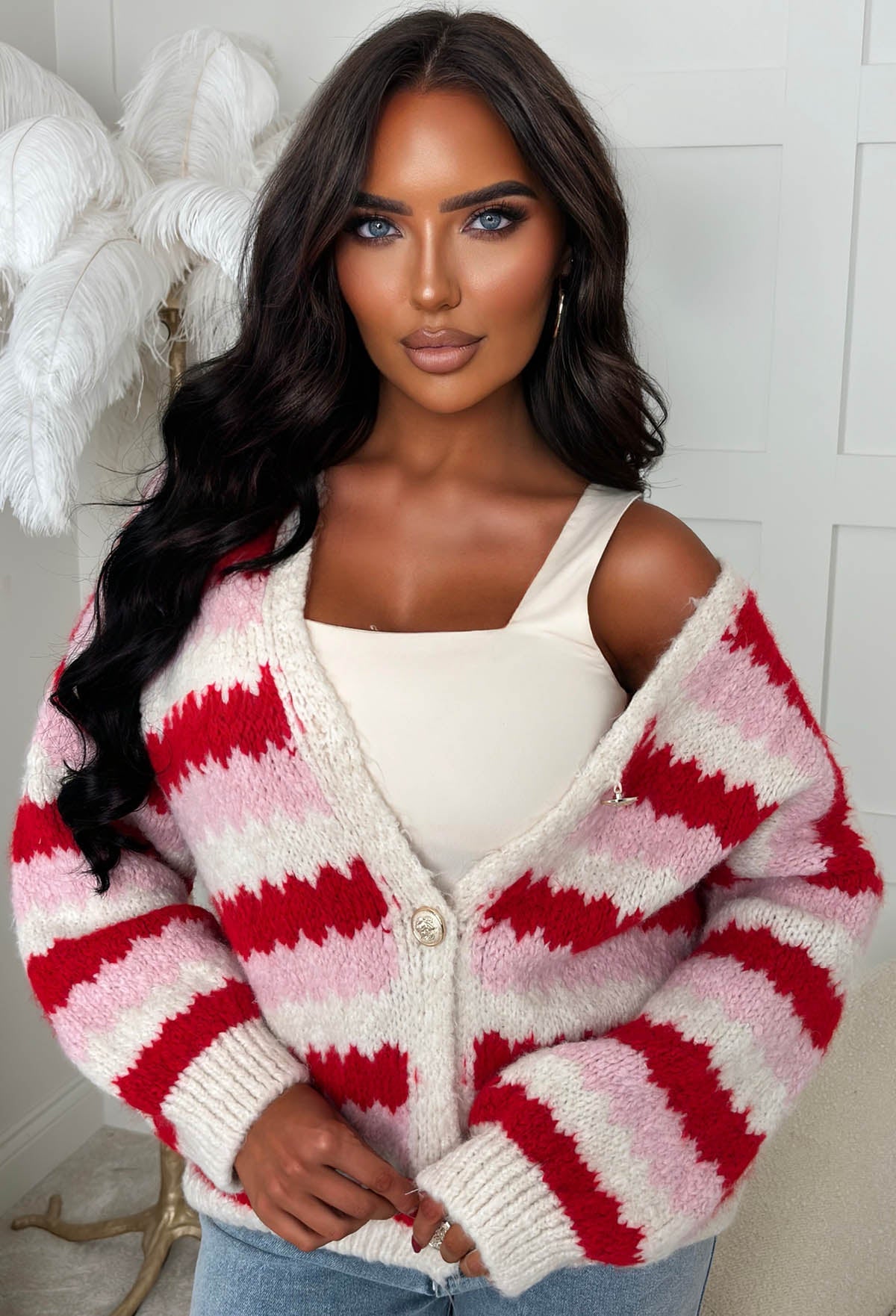 Cosy On Up Red Knitted Stripe Cardigan