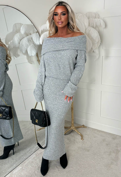 Cute As Grey Knitted Bardot Jumper & Maxi Skirt Set