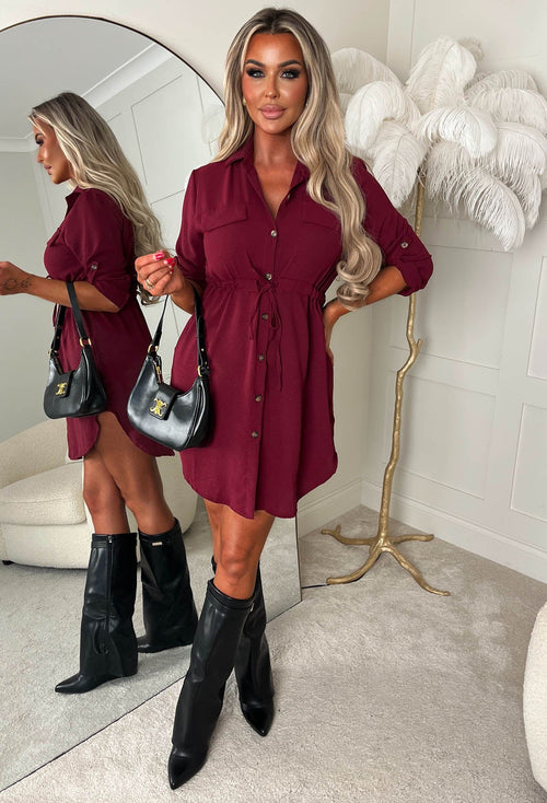 Darling Delight Burgundy Tie Front Shirt Dress