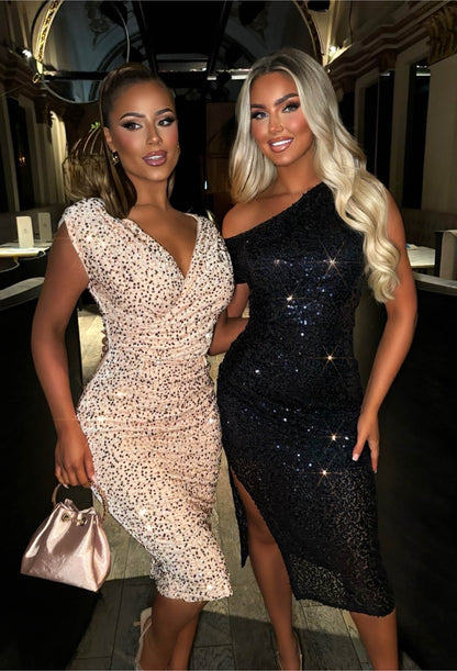 Dazzling Darling Gold Sleeveless Sequin Midi Dress