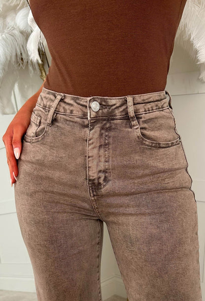 Denim Design Brown Stretch Wide Leg Washed Jean