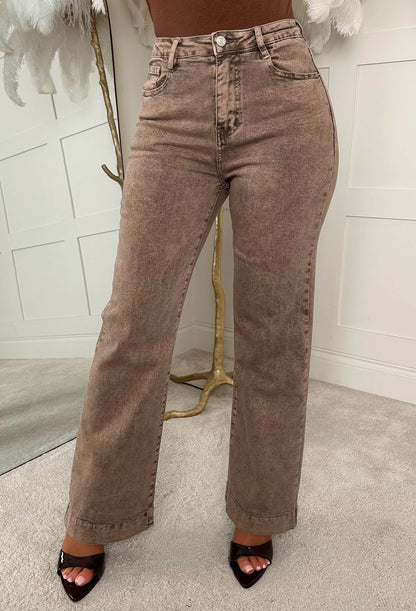 Denim Design Brown Stretch Wide Leg Washed Jean