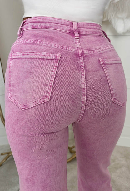 Denim Design Magenta Stretch Wide Leg Washed Jeans