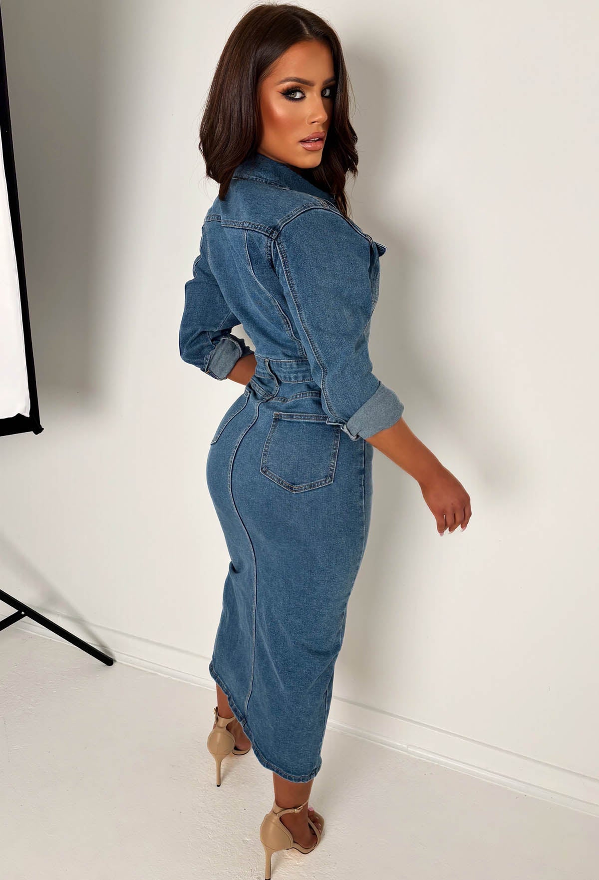 Denim Muse Mid Wash Stretch Denim Long Sleeve Dress
