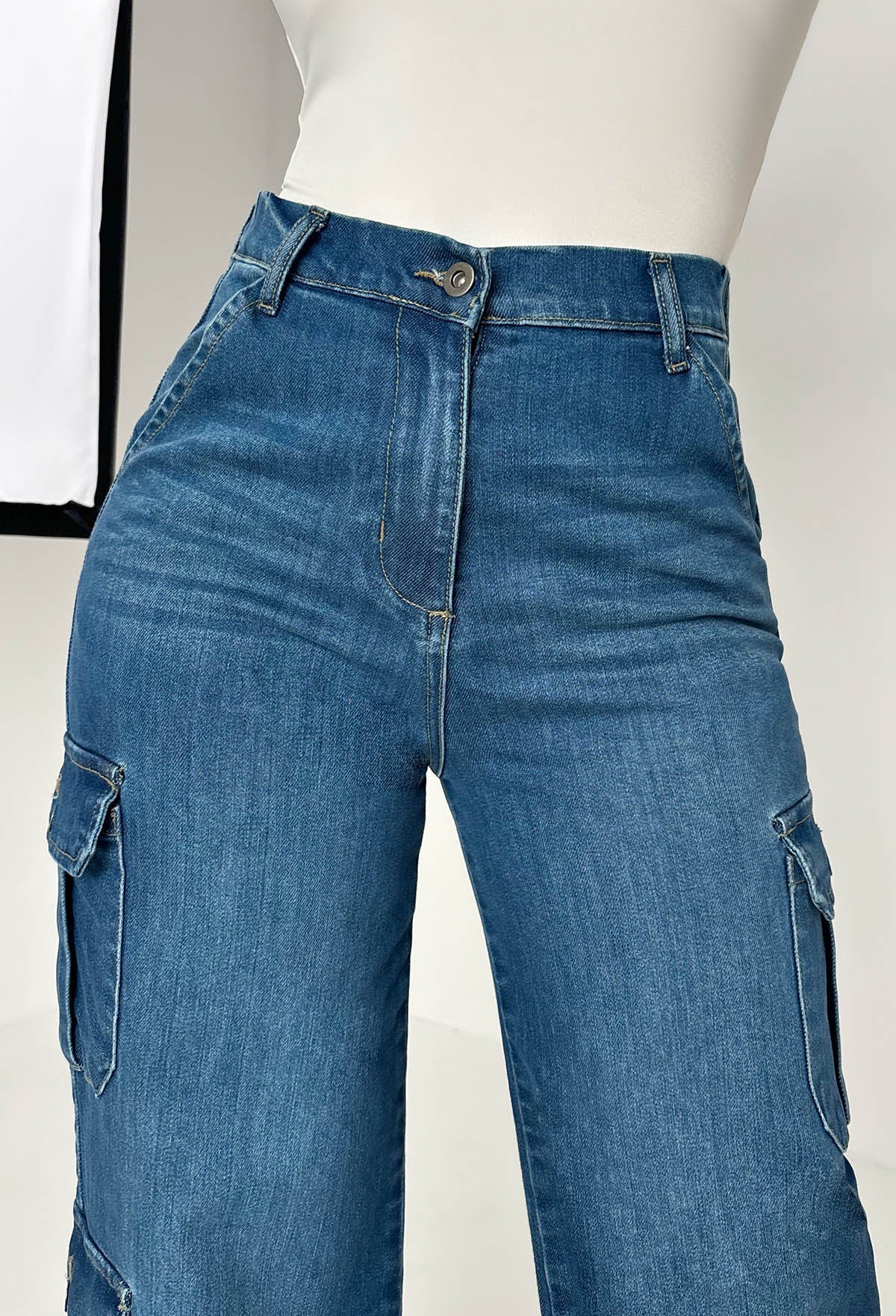 Denim Revolution Dark Wash Cargo Denim Wide Leg Jeans