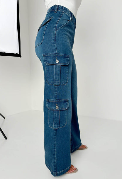 Denim Revolution Dark Wash Cargo Denim Wide Leg Jeans