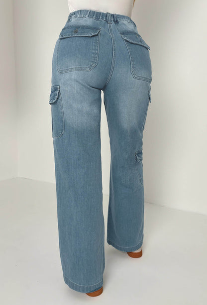 Denim Revolution Mid Blue Cargo Denim Wide Leg Stretch Jeans