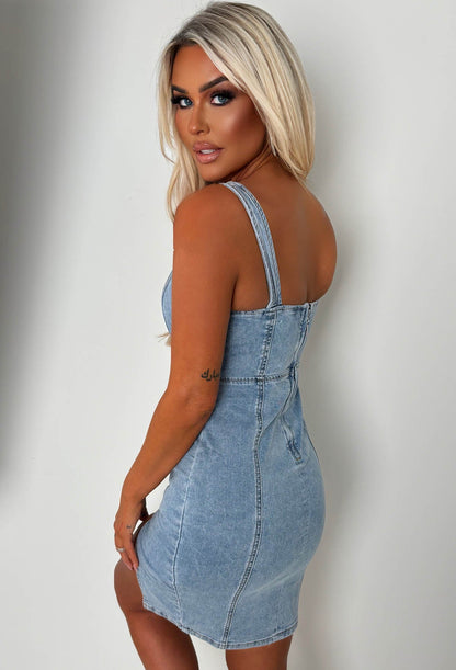 Denim Vibe Light Blue Stretch Denim Zip Front Dress