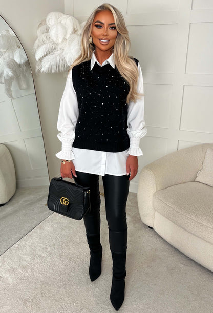 Desire Bloom Black 2 In 1 Diamante Embellished Jumper With Shirt