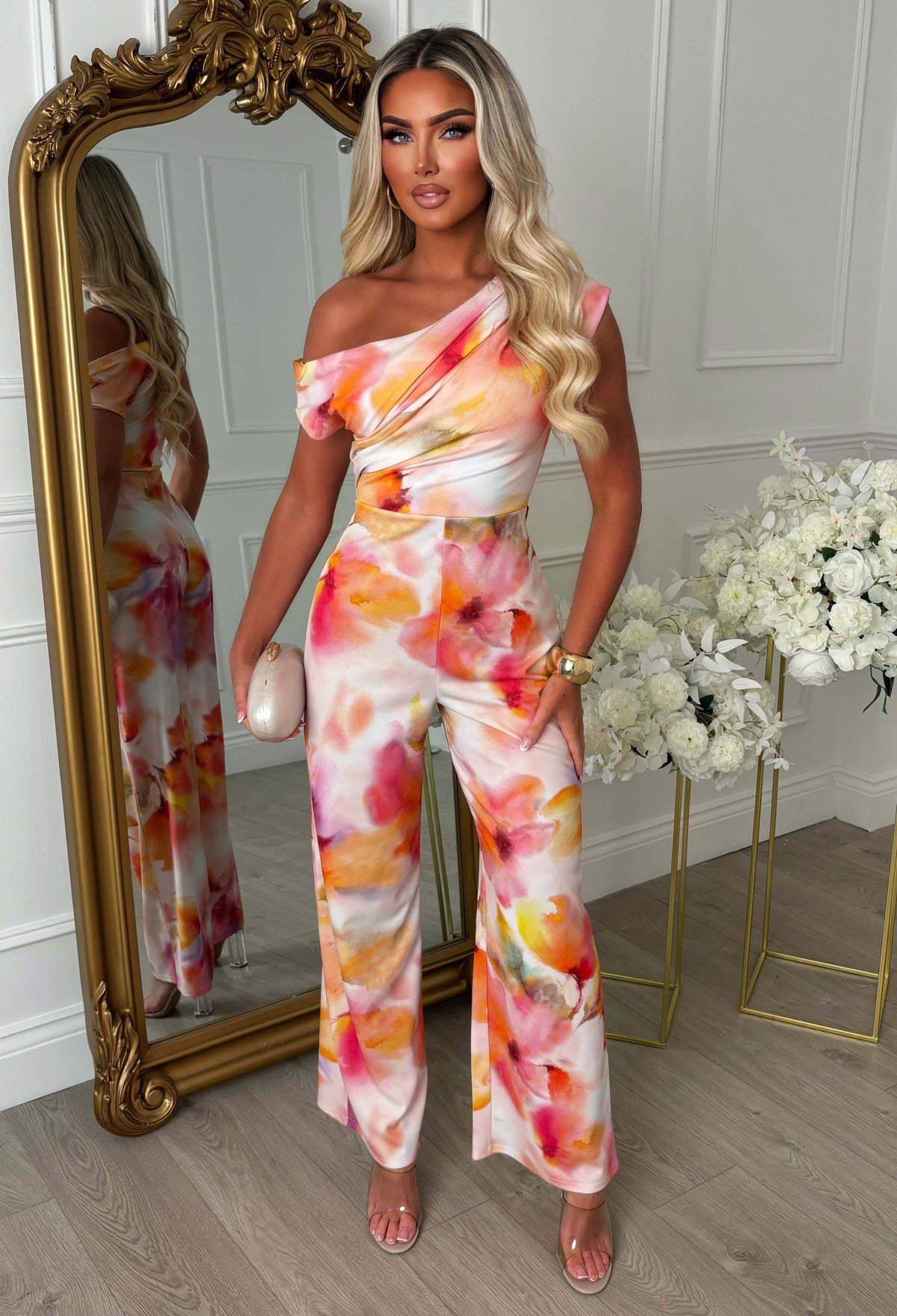 Dixie Days Coral Off The Shoulder Floral Print Jumpsuit