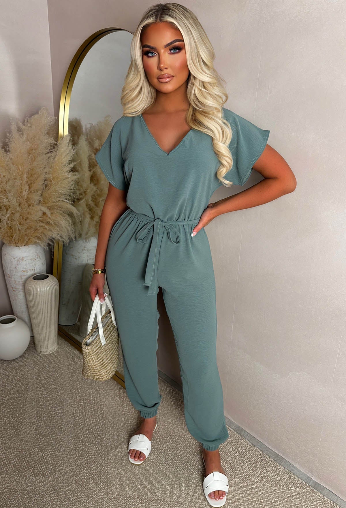 Elegance Everyday Green Elasticated Hem Belted Jumpsuit