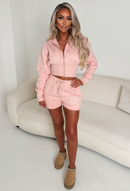 Elevated Ease Pink Zipped Hoodie & Shorts Lounge Co-Ord Set