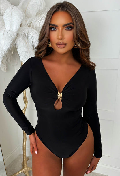 Entice Me Black Key Hole Gold Detail Stretch Bodysuit