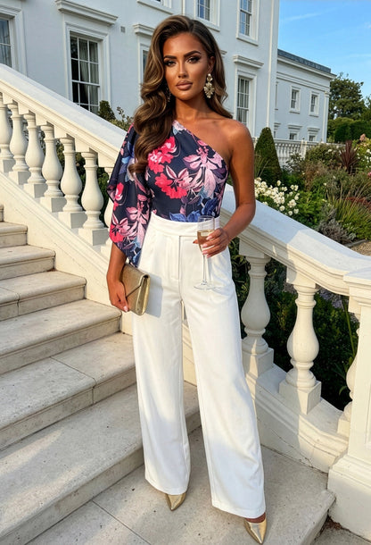 Epitome Of Etiquette Navy Floral Bow Draped Bodysuit