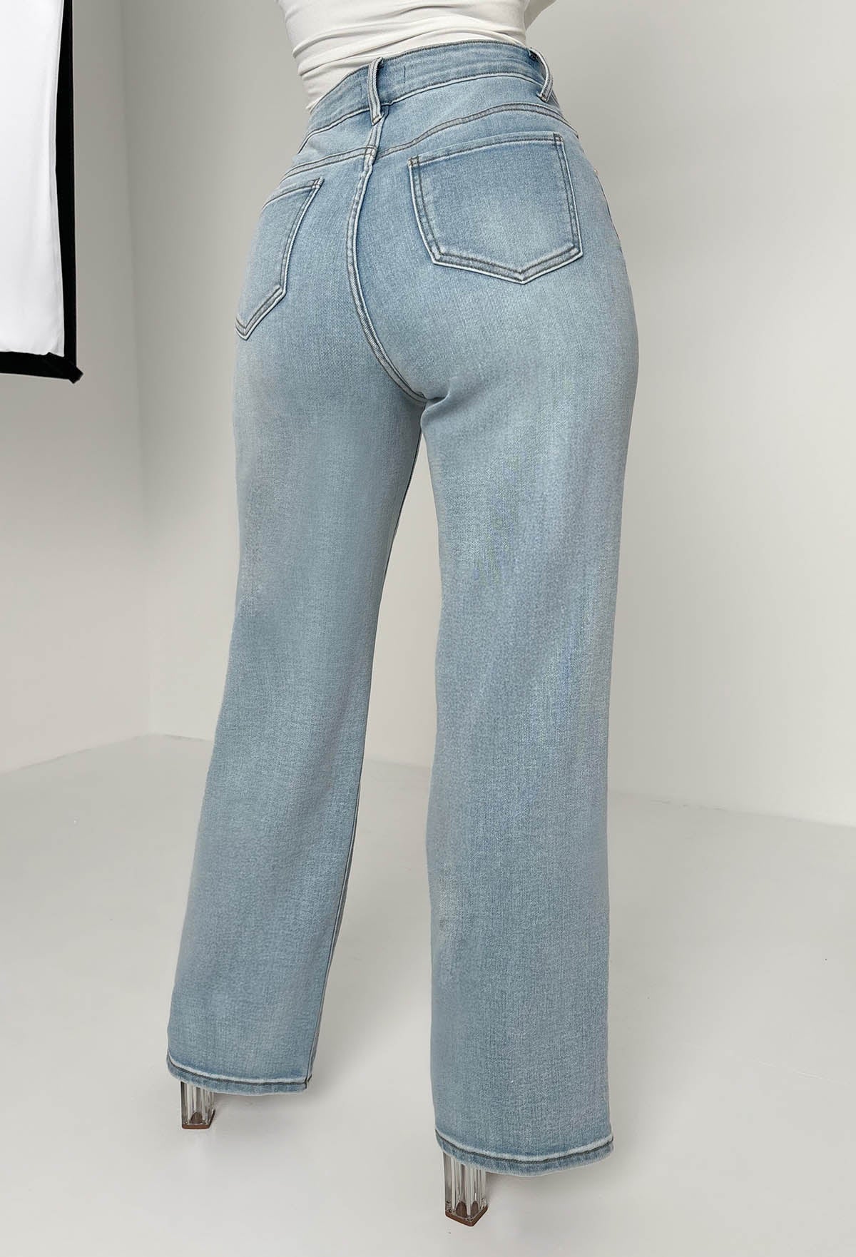 Escape In Denim Light Blue Stretch Distressed Straight Leg Jeans