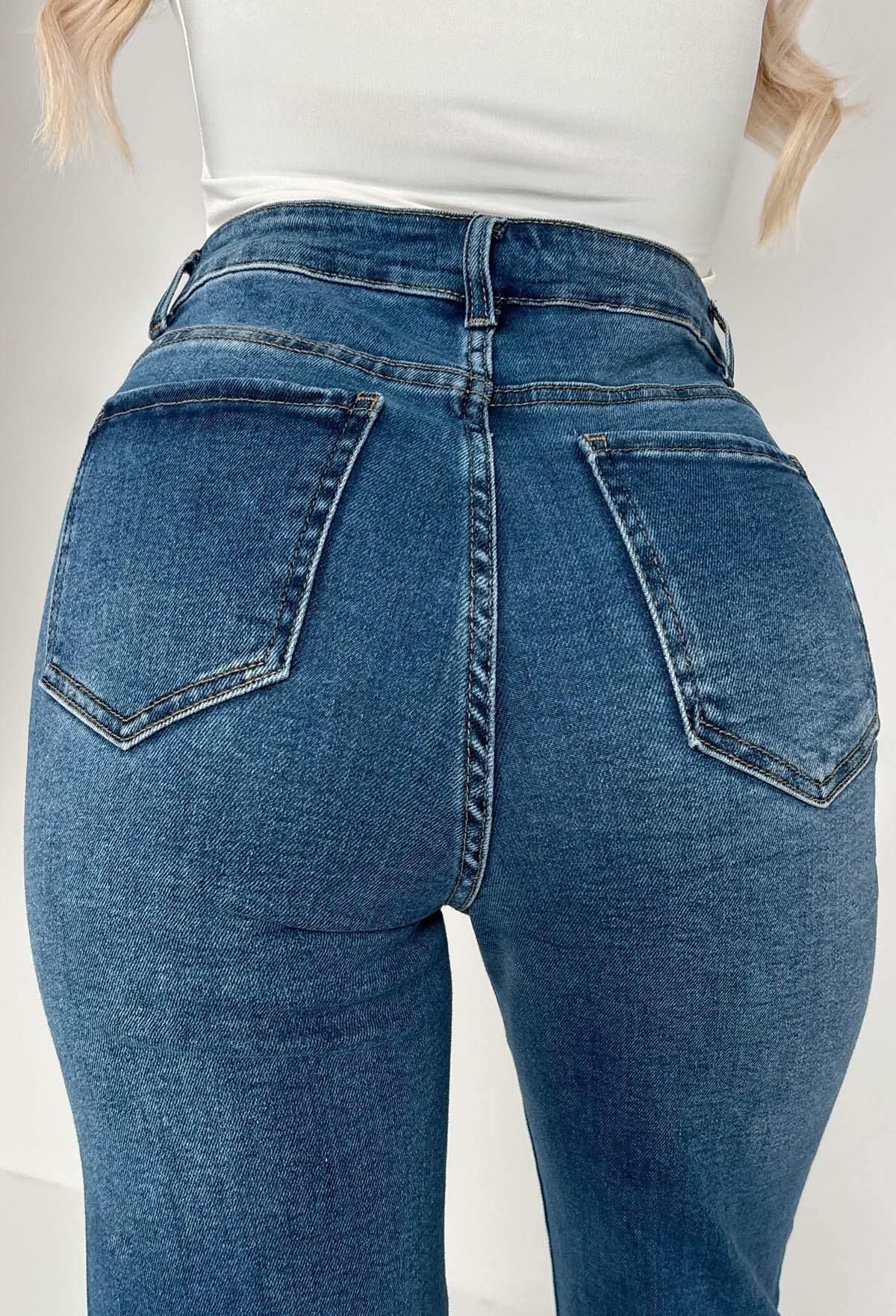 Escape In Denim Mid Blue Stretch Distressed Straight Leg Jeans