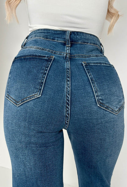 Escape In Denim Mid Blue Stretch Distressed Straight Leg Jeans