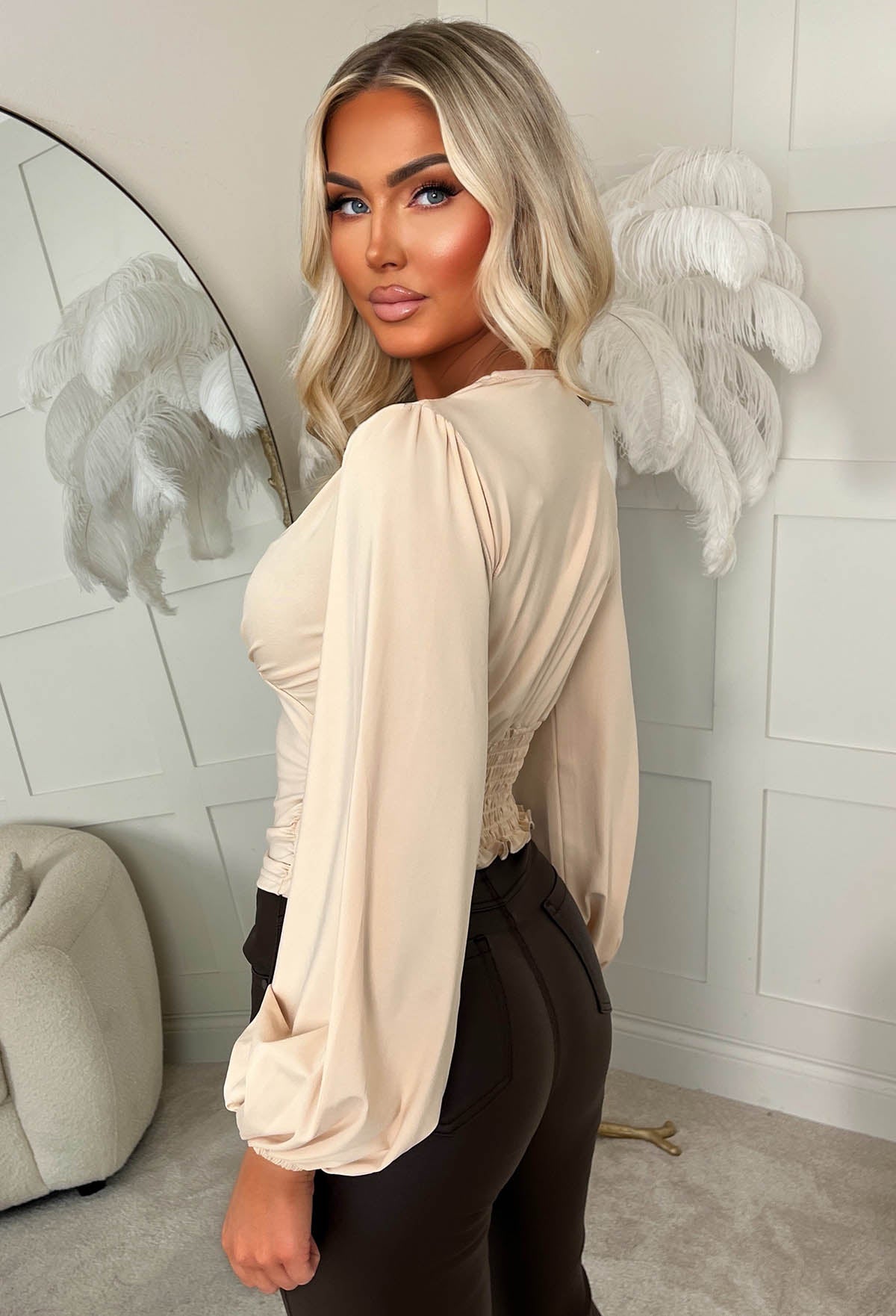 Essential Style Cream Ruched Balloon Sleeve Top