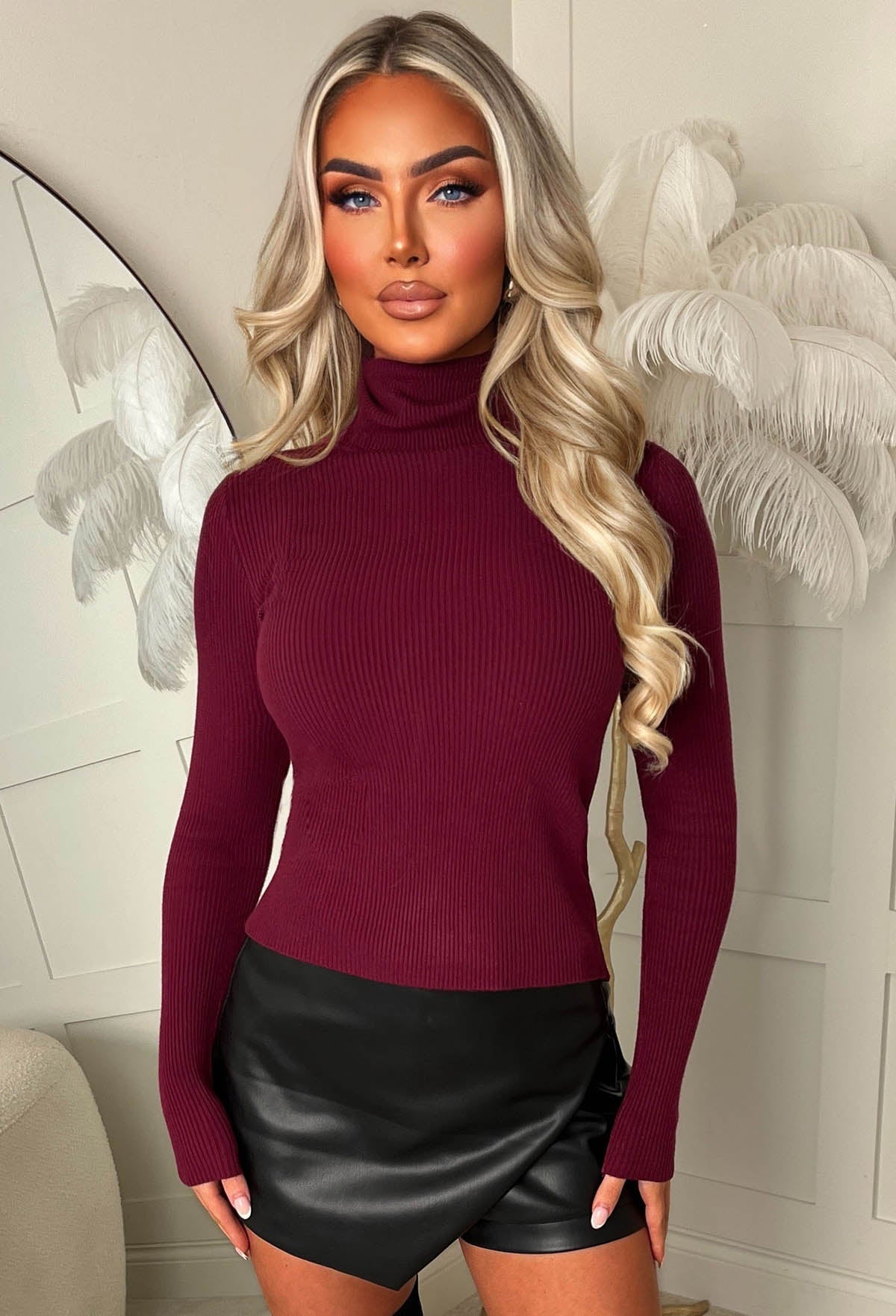 Feels Like Forever Wine Ultra Soft Rib Knit Roll Neck Jumper