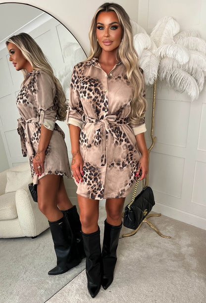 Feline Flawless Brown Faux Suede Animal Print Shirt Dress