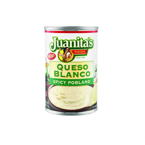 Juanita's Queso Blanco Spicy Poblano 15 oz available at Mexmax INC, perfect for wholesale buyers.
