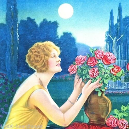 LADY ARRANGING ROSES Art Lithograph Print 1920s