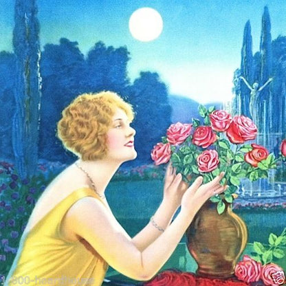LADY ARRANGING ROSES Art Lithograph Print 1920s