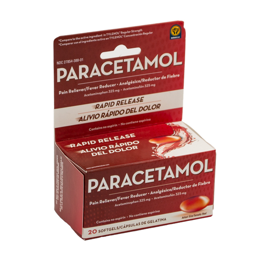 Box of Paracetamol rapid release tablets on a white background