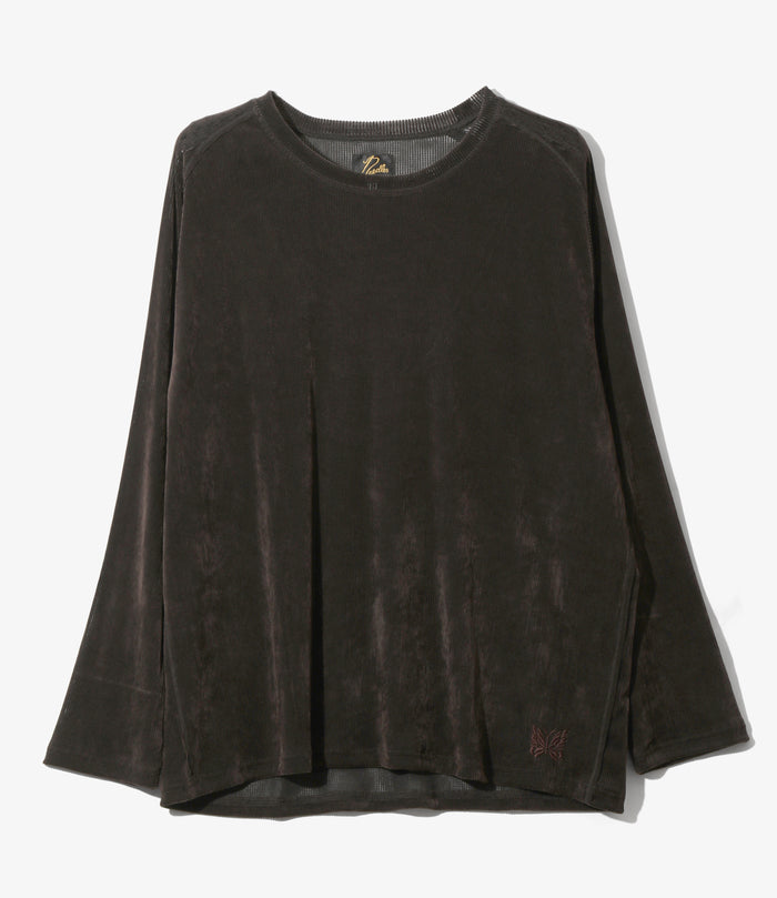Women's L/S U-Neck Tee - Brown - Flocked Stripe Lace