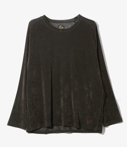 Women's L/S U-Neck Tee - Brown - Flocked Stripe Lace